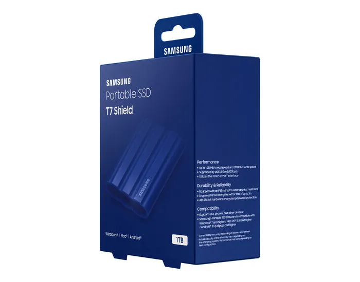 1.0TB Samsung Portable SSD T7 Shield Blue, USB-C 3.1 (88x59x13mm, 98g, R/W:1050/1000MB/s, IP65)