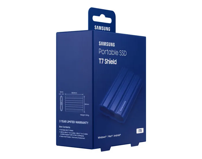 1.0TB Samsung Portable SSD T7 Shield Blue, USB-C 3.1 (88x59x13mm, 98g, R/W:1050/1000MB/s, IP65)