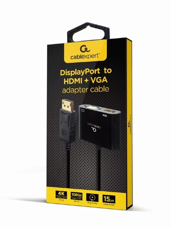 Adaptor Cablexpert A-DPM-HDMIFVGAF-01, DisplayPort (M) - HDMI (F) + VGA (F), 0.1m, Negru