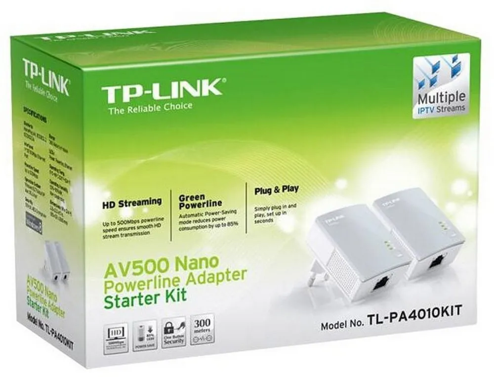 Адаптер Powerline TP-LINK TL-PA4010 KIT, AV600, 600 Mбит/c, Белый