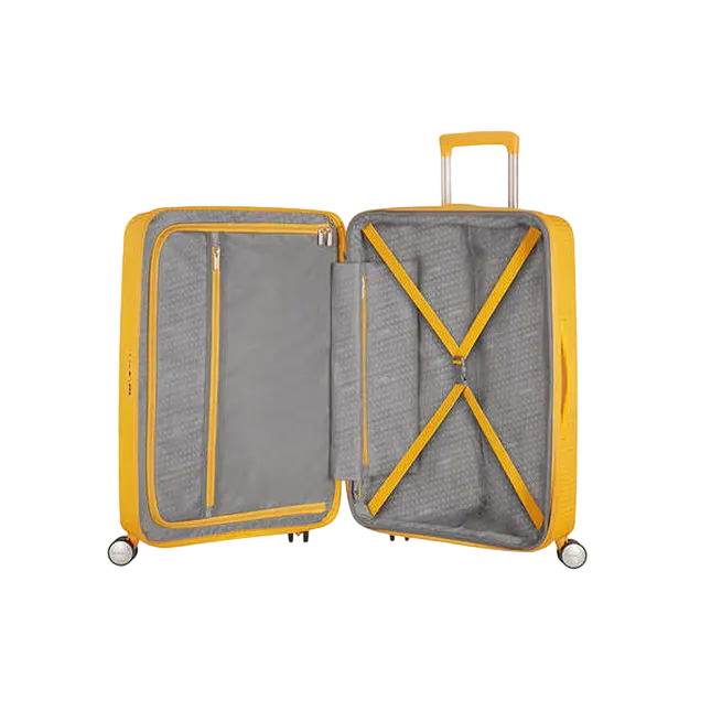 Valiza American Turister SOUNDBOX pe 4 roti 67/24 TSA EXP galben auriu