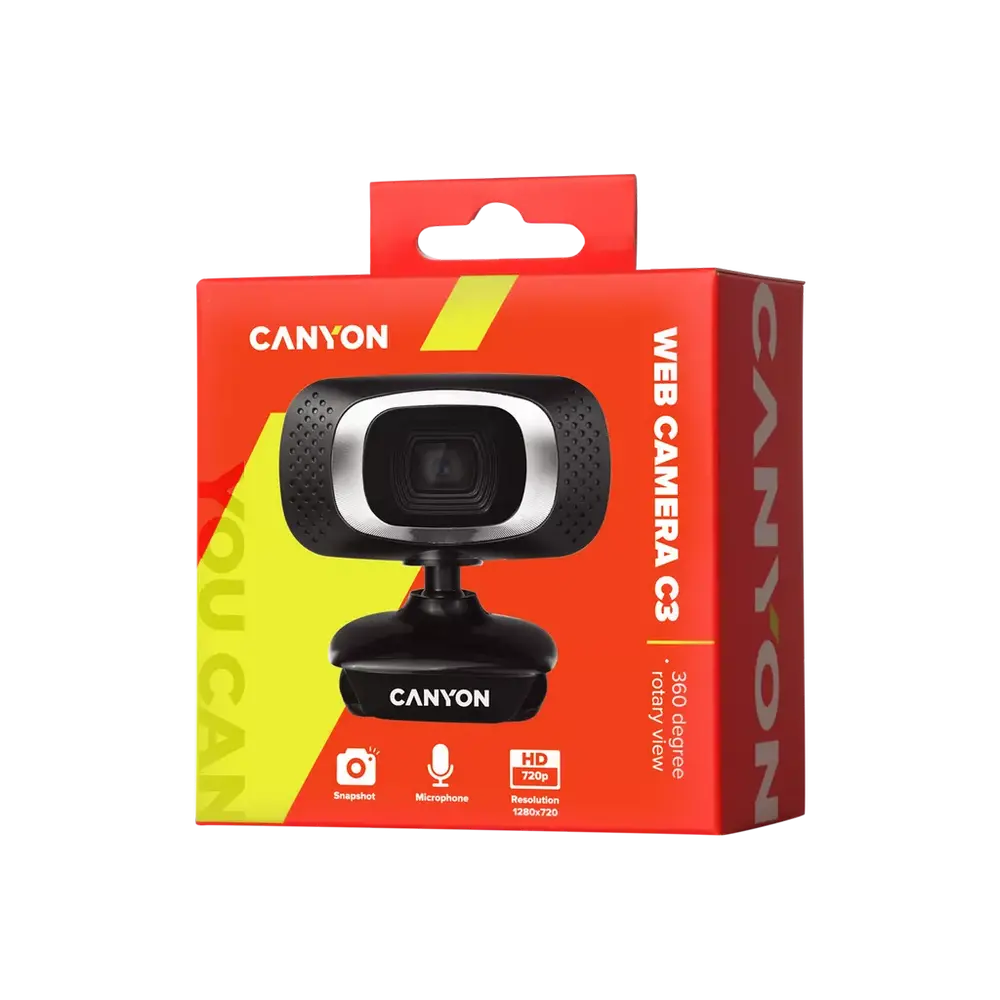 PC Camera Canyon C3, 720P, Sensor 1 MP (12 MP by software), FoV 60°, Microphone, Black/Silver