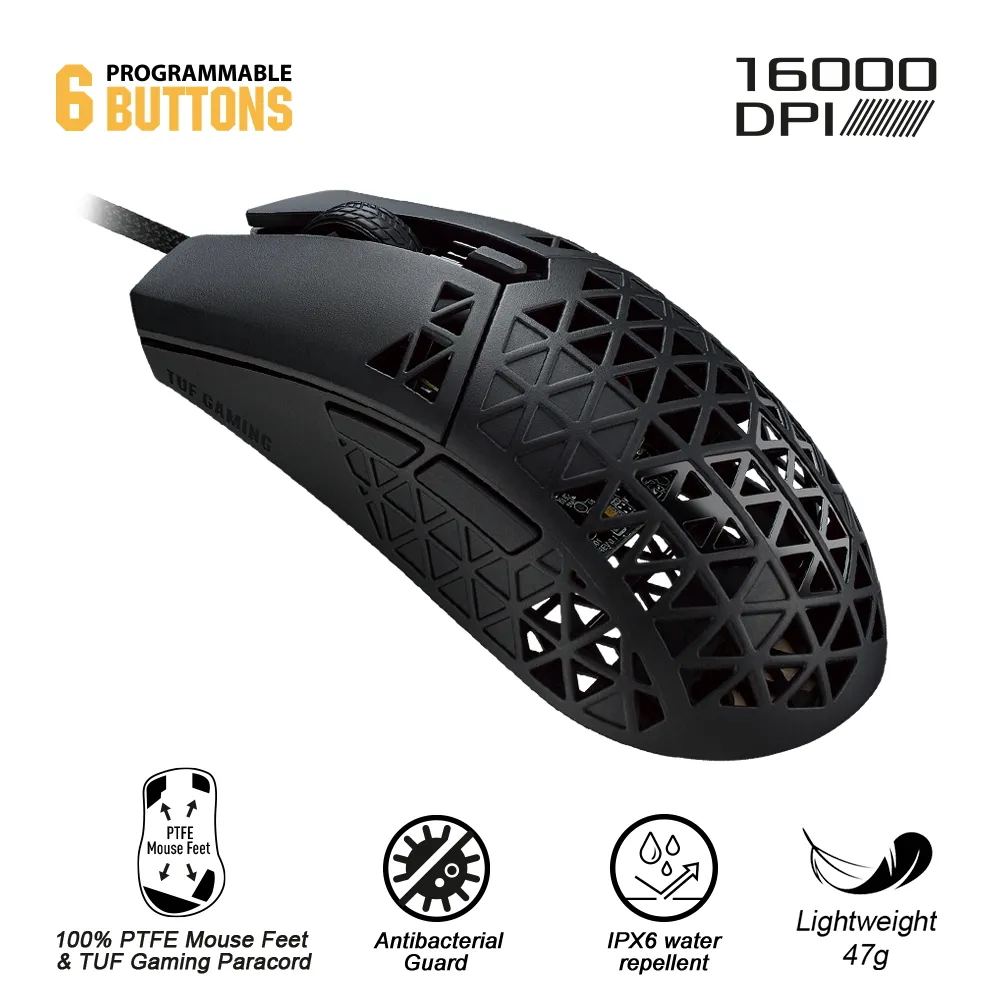 Gaming Mouse Asus TUF GAMING M4 Air, Optical, up to 16000 dpi, 6 buttons, 400 IPS, 40G, 47g, USB