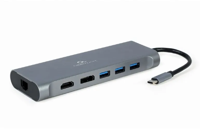 Adaptor Video Cablexpert A-CM-COMBO8-01, USB Type-C - LAN, VGA, HDMI, USB Type-C, USB Type-A, SD card-reader, DisplayPort, Gri