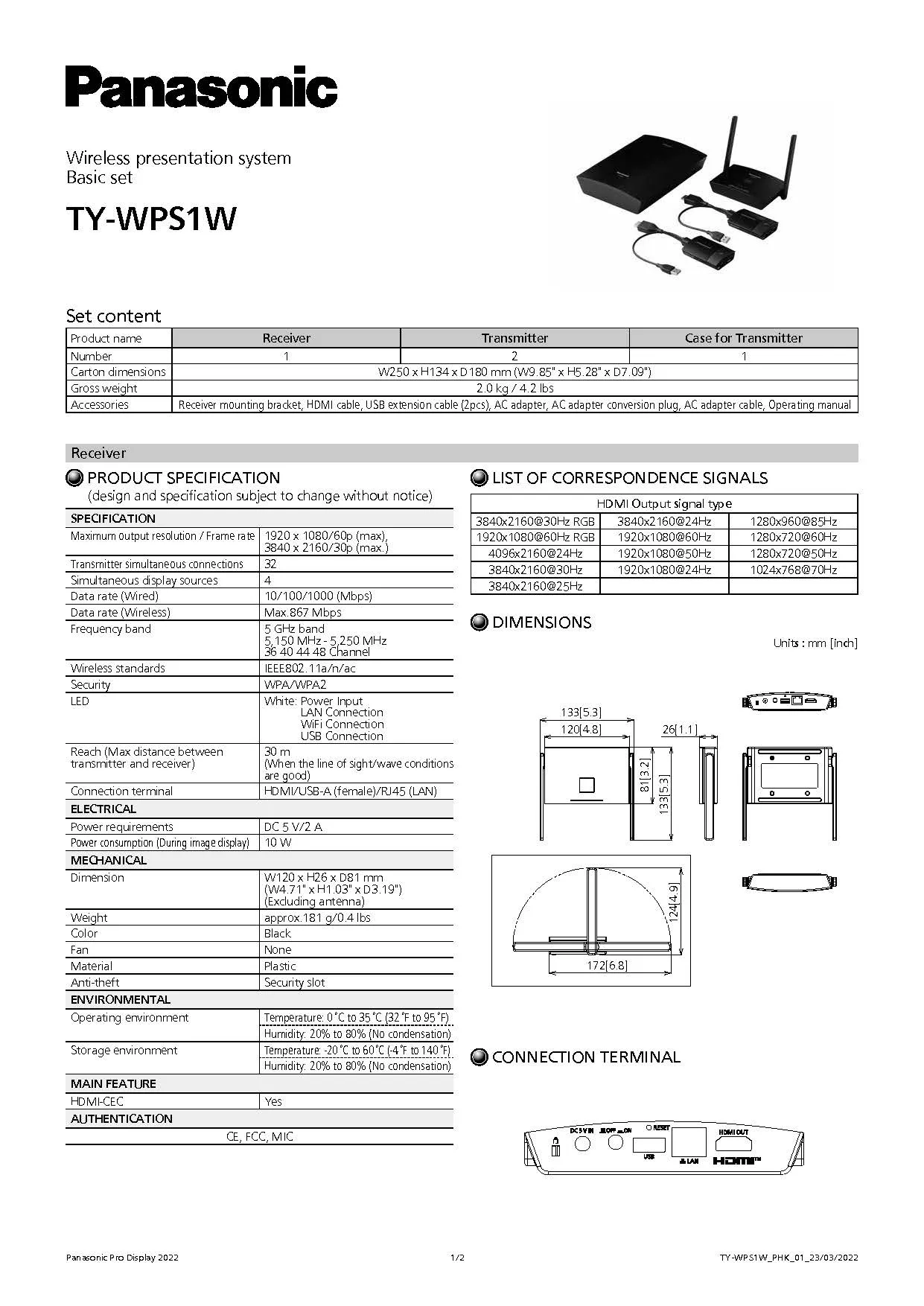 Set sistem de prezentare wireless Panasonic TY-WPS1W, Negru
