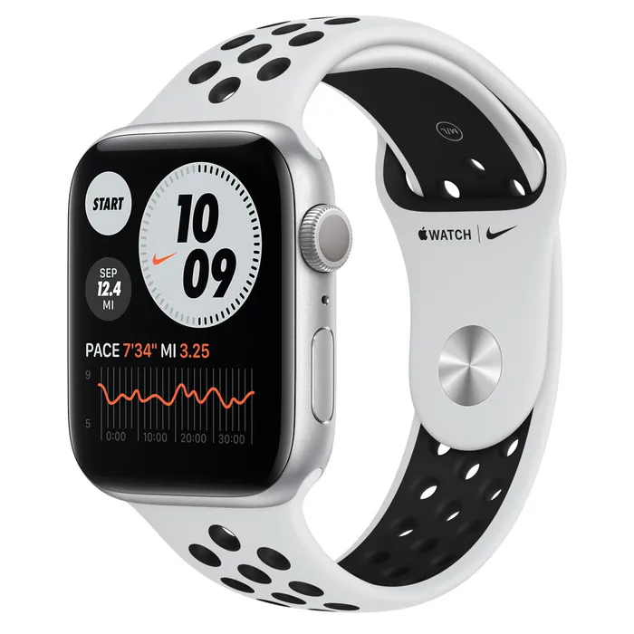 Ceas inteligent Apple Watch Series 6 GPS MG293, 44mm, Carcasă din aluminiu cu bandă Pure Platinum/Black Nike Sport