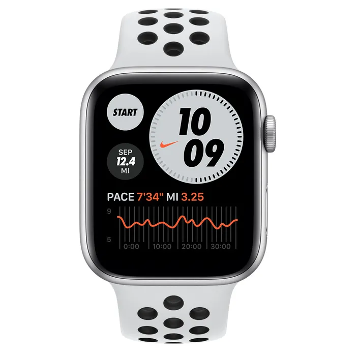 Ceas inteligent Apple Watch Series 6 GPS MG293, 44mm, Carcasă din aluminiu cu bandă Pure Platinum/Black Nike Sport