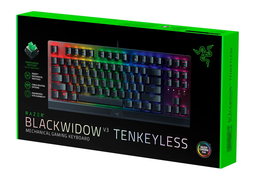 Gaming Keyboard Razer BlackWidow V3 Tenkeyless, Green SW, RGB, US Layout, USB 