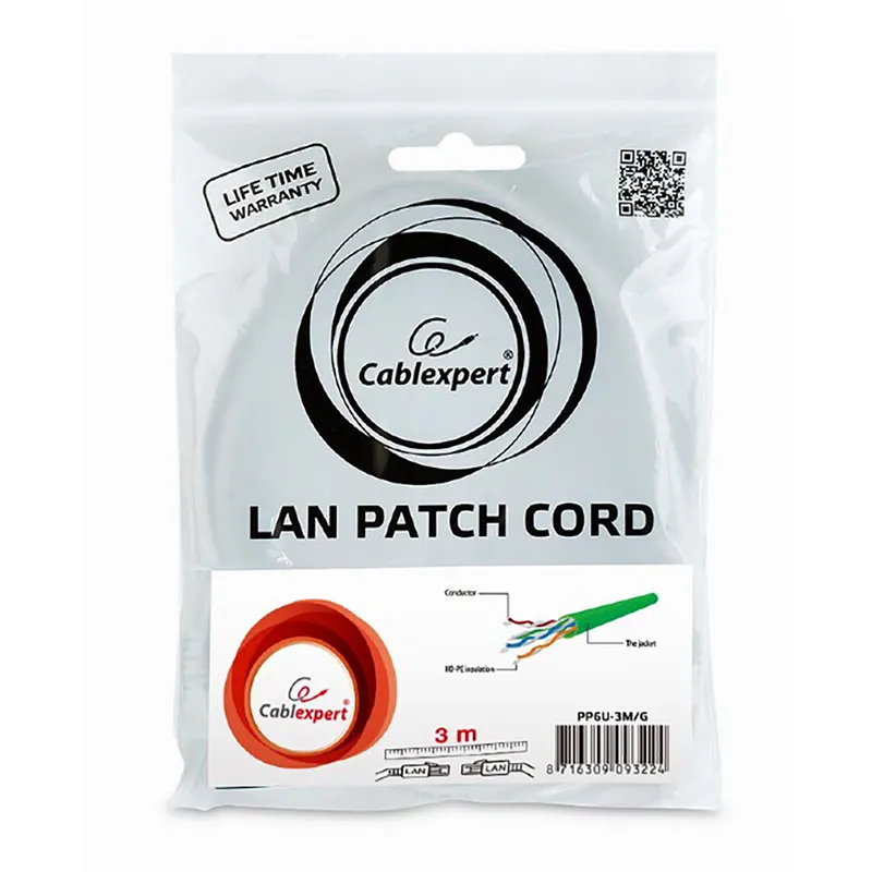 Patch cord Cablexpert PP6U-3M/G, Cat6 UTP, 3m, Verde