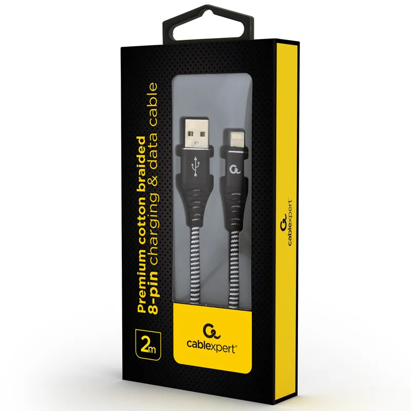 Кабель для зарядки и синхронизации Cablexpert CC-USB2B-AMLM-2M-BW, USB Type-A/Lightning, 2м, Чёрный