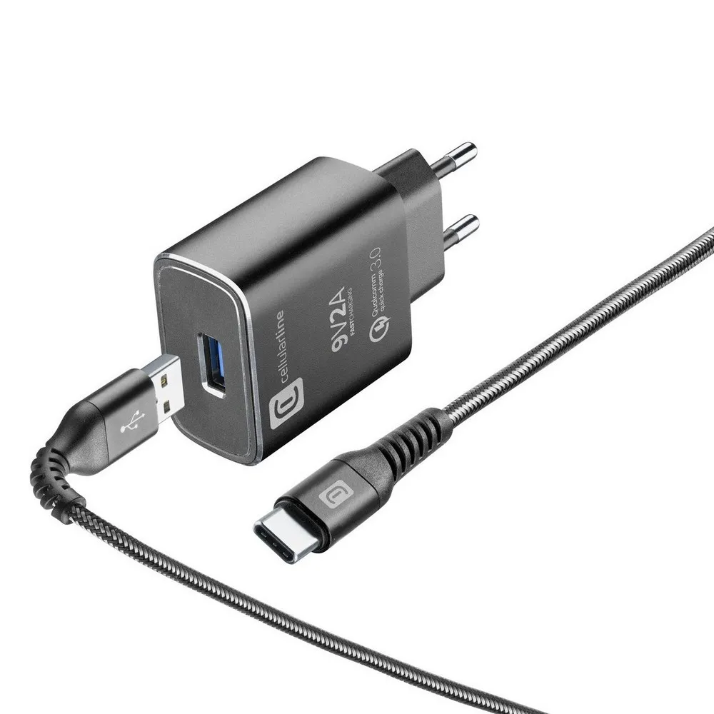 Wall Charger Cellularline Tetraforce, + Type-C-C to Type-C, 18W, Black