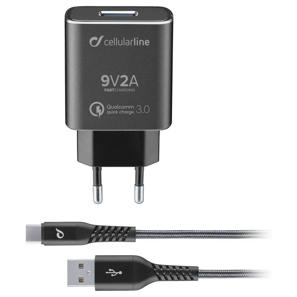 Wall Charger Cellularline Tetraforce, + Type-C-C to Type-C, 18W, Black