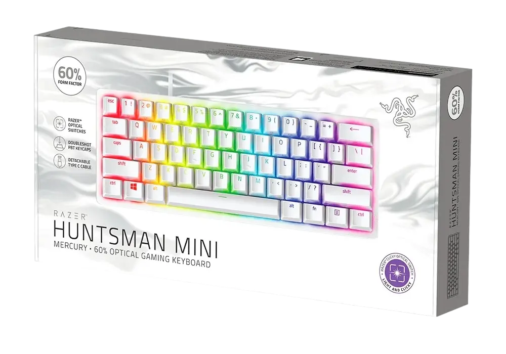 Gaming Keyboard Razer Huntsman Mini, Optical Clicky SW, Doubleshot PBT Keycaps,US Layout,USB, White