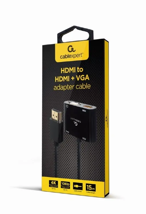 Adaptor Cablexpert A-HDMIM-HDMIFVGAF-01, HDMI (M) - HDMI (F) + VGA, 0.15 m, Negru