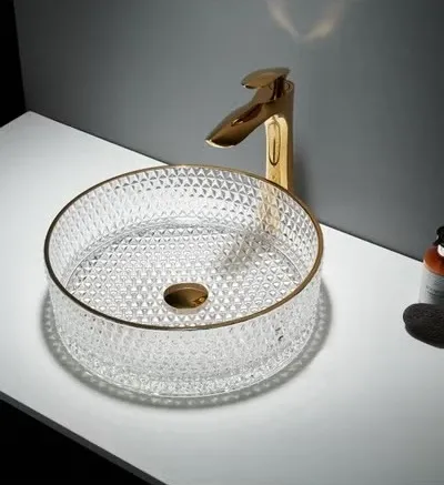 Lavoar din sticla securizata SanDonna Mira Rotund (Transparent-Auriu)