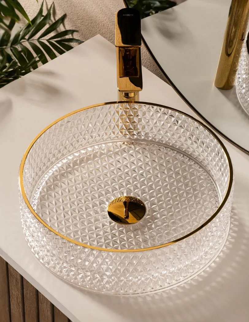 Lavoar din sticla securizata SanDonna Mira Rotund (Transparent-Auriu)