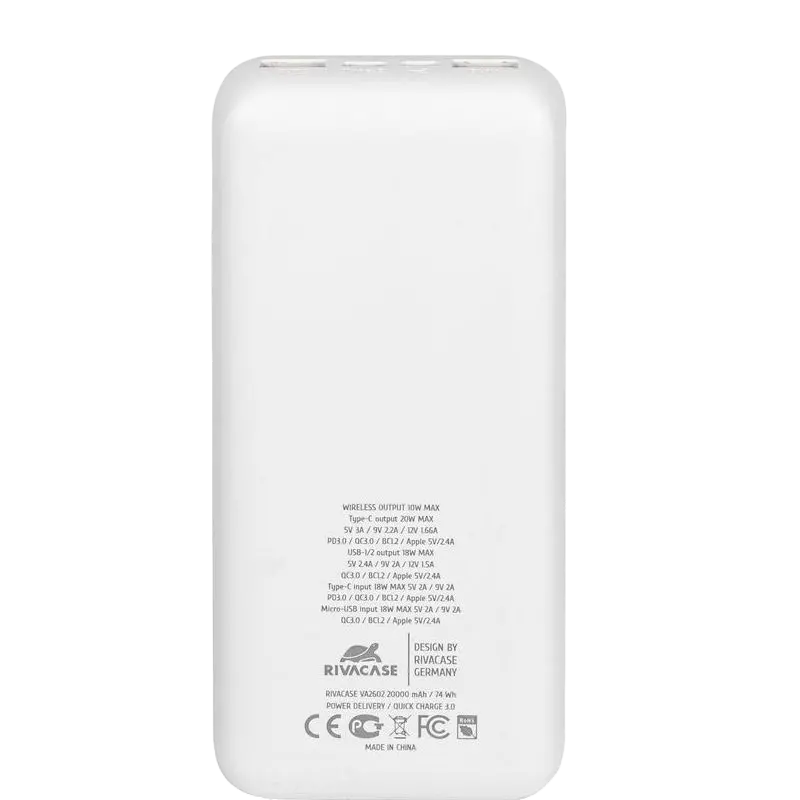Acumulator extern Rivacase VA2602, 20000 mAh, Alb
