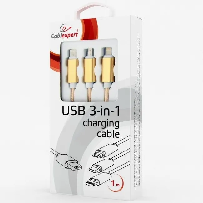 Cablu încărcare și sincronizare Cablexpert CC-USB2-AM31-1M-G, USB Type-A/Micro USB, Type-C, Lighting, 1m, Auriu