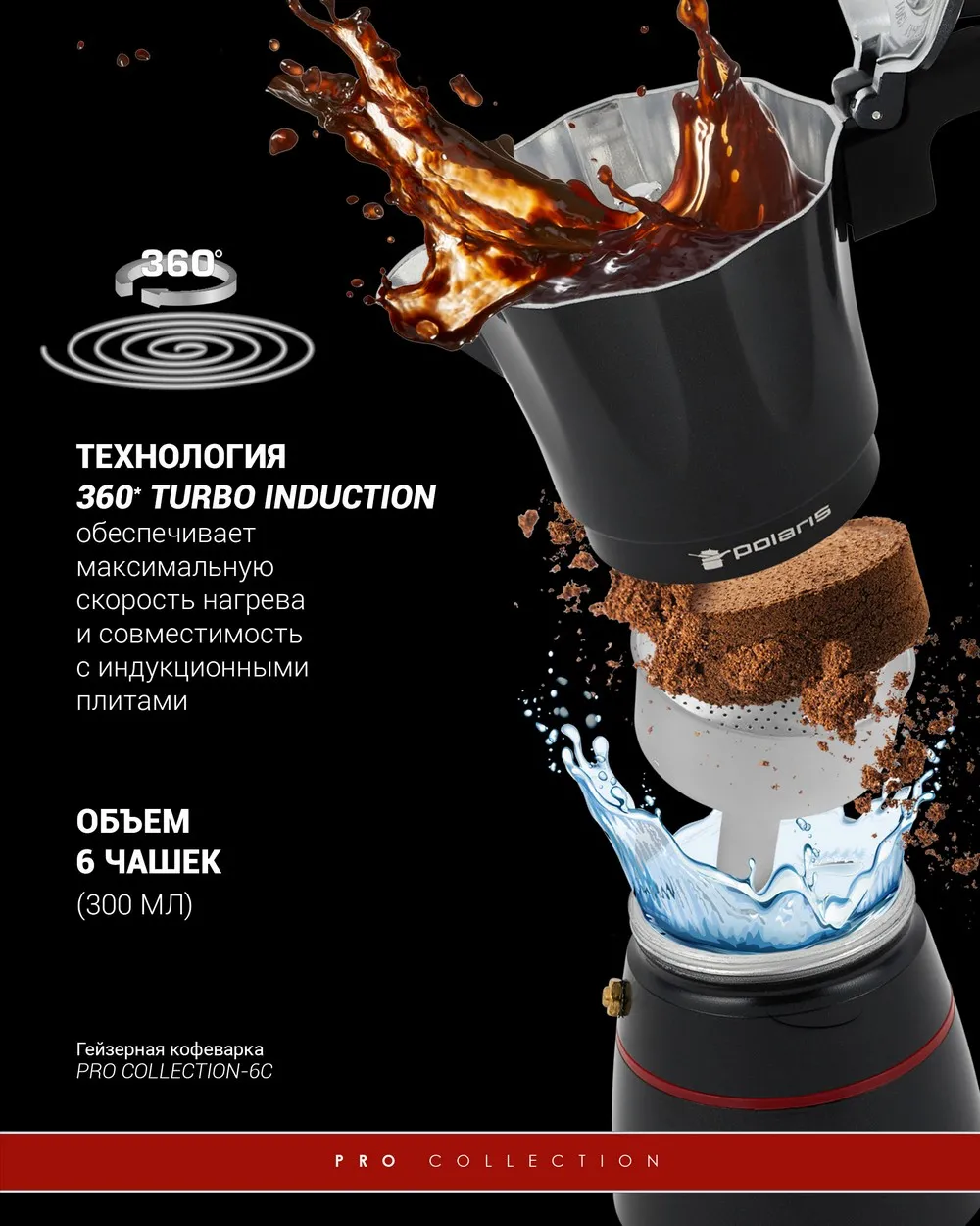 Espressor Geyser  Polaris PRO collection-6C, Negru