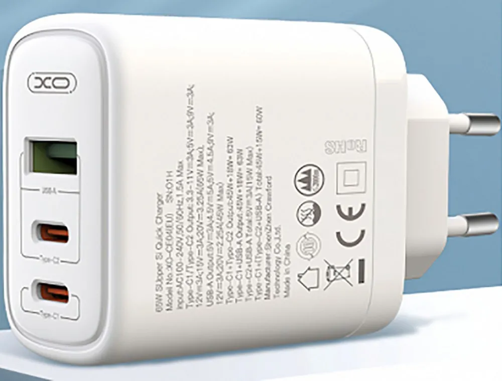 Wall Charger XO, Type-C PD65W/USB-A QC45W fast charger, 65W, CE04A, white