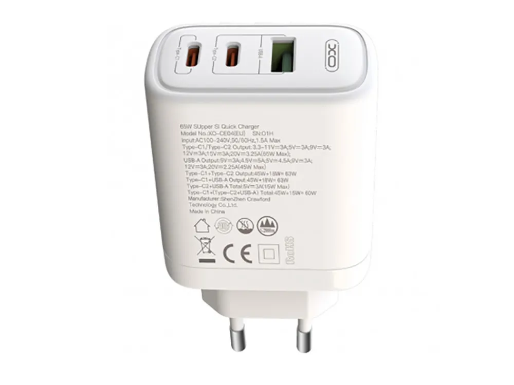 Wall Charger XO, Type-C PD65W/USB-A QC45W fast charger, 65W, CE04A, white