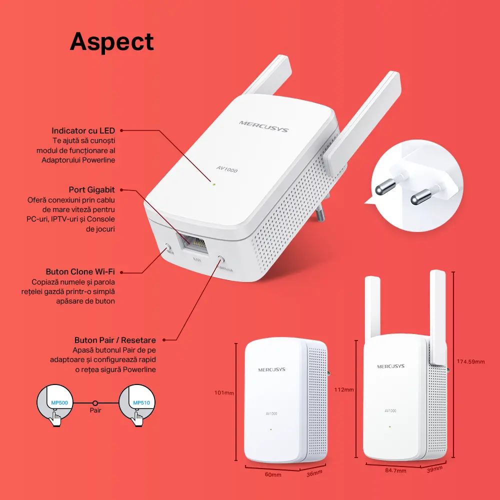 Wi-Fi + Powerline адаптер MERCUSYS MP510 KIT, AV1000, 1000 Мбит/с, Белый