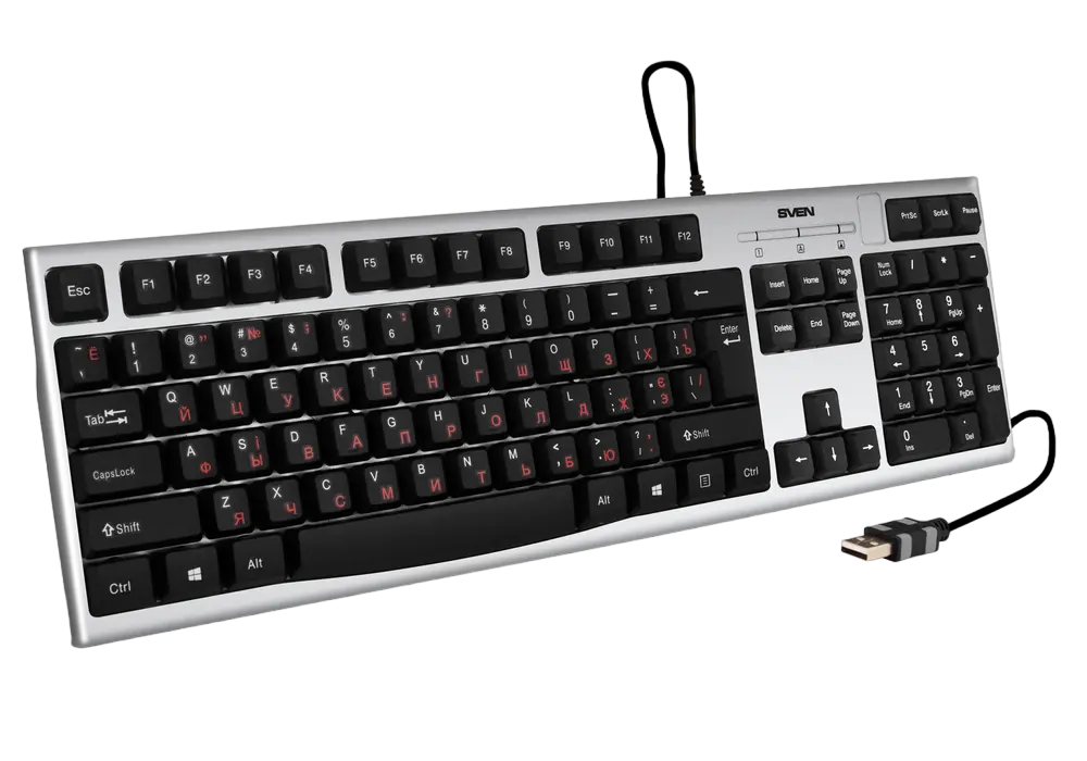 Keyboard SVEN KB-S300, Traditional layout, Quiet, Splash proof, Silver, USB