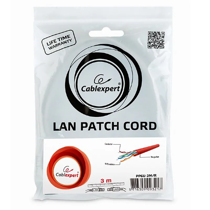 Patch cord Cablexpert PP6U-3M/R, Cat6 UTP, 3m, Roșu